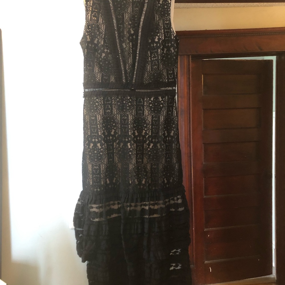 bohme Black Lace Midi Dress with high neck